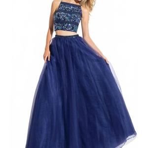NEW RACHEL ALLAN embellished two-piece tulle prom dress in navy